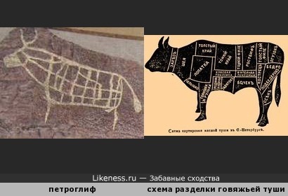 Наскальный рисунок из Южной Сибири (~2000 лет до н.э.) напоминает схему разделки говяжьей туши