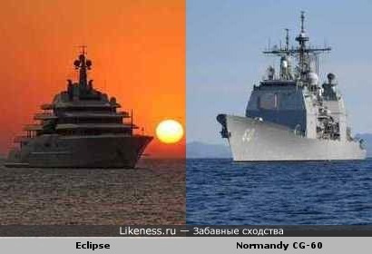 Яхта Eclipse (162,5 м, 13 тыс. т) и крейсер Normandy CG-60 (173 м, 9,8 тыс. т)