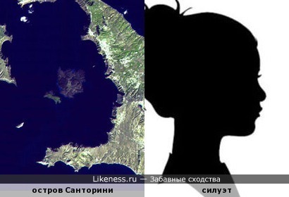 Залив острова Санторини напоминает силуэт лица человека в профиль