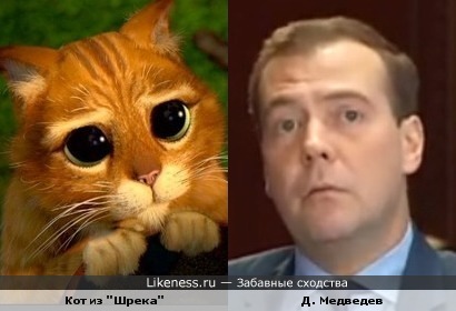 Медведев во время выступления о ситуации на Кипре и кот из Шрека