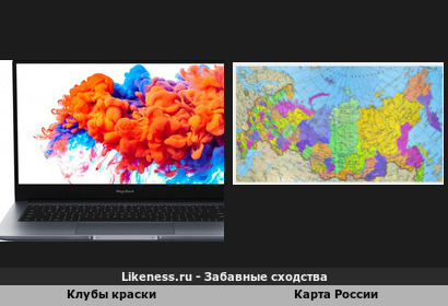 Клубы краски на рекламе ноутбука и общая карта России