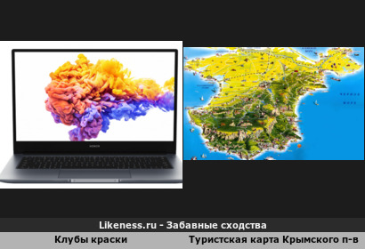 Клубы краски на рекламе ноутбука и Крымский полуостров