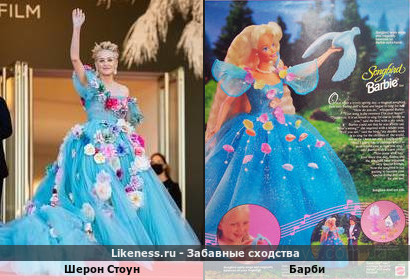 Шерон Стоун в голубом платье в цветах похожа на Барби