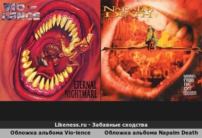 Обложка альбома &laquo;Eternal Nightmare&raquo; группы Vio-lence 1988 года и обложка альбома &laquo;Words From the Exit Wound&raquo; группы Napalm Death 1998 года похожи