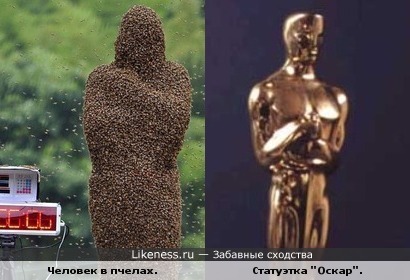 Человек, облепленный пчелами, похож на статуэтку.
